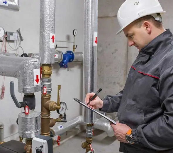 Engineer monitoring equipment in commercial plantroom